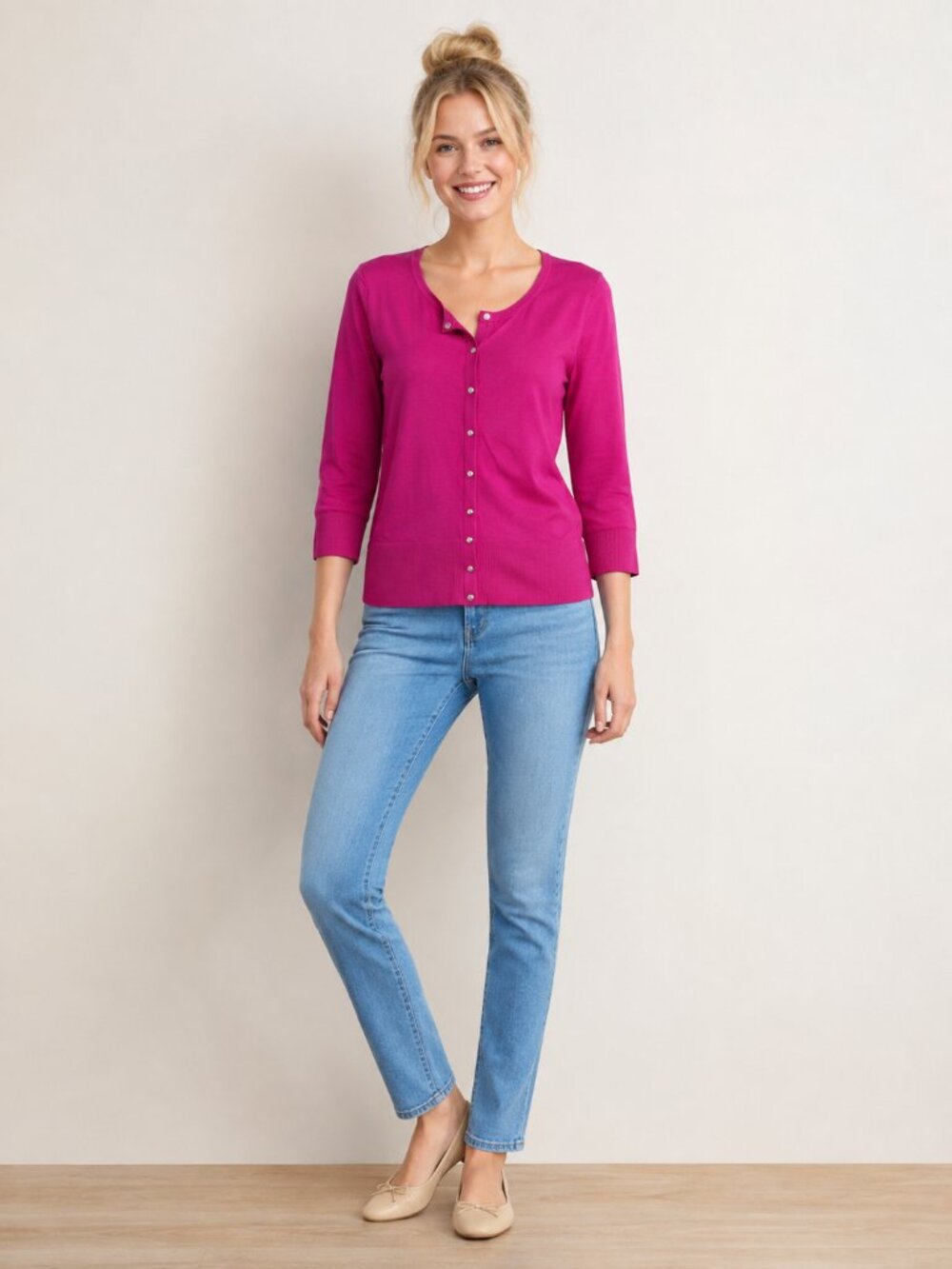 White House Black Market Snap Button Cardigan 3/4 Sleeve Berry Small #A3955